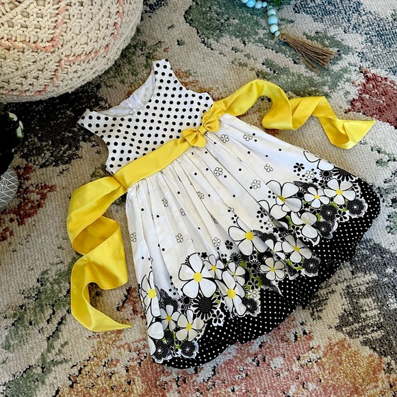 Bonnie Jean Other - Y2K Bonnie Jean 4T Toddler Girl Cotton Polka Dot Floral Dress Black White Yellow